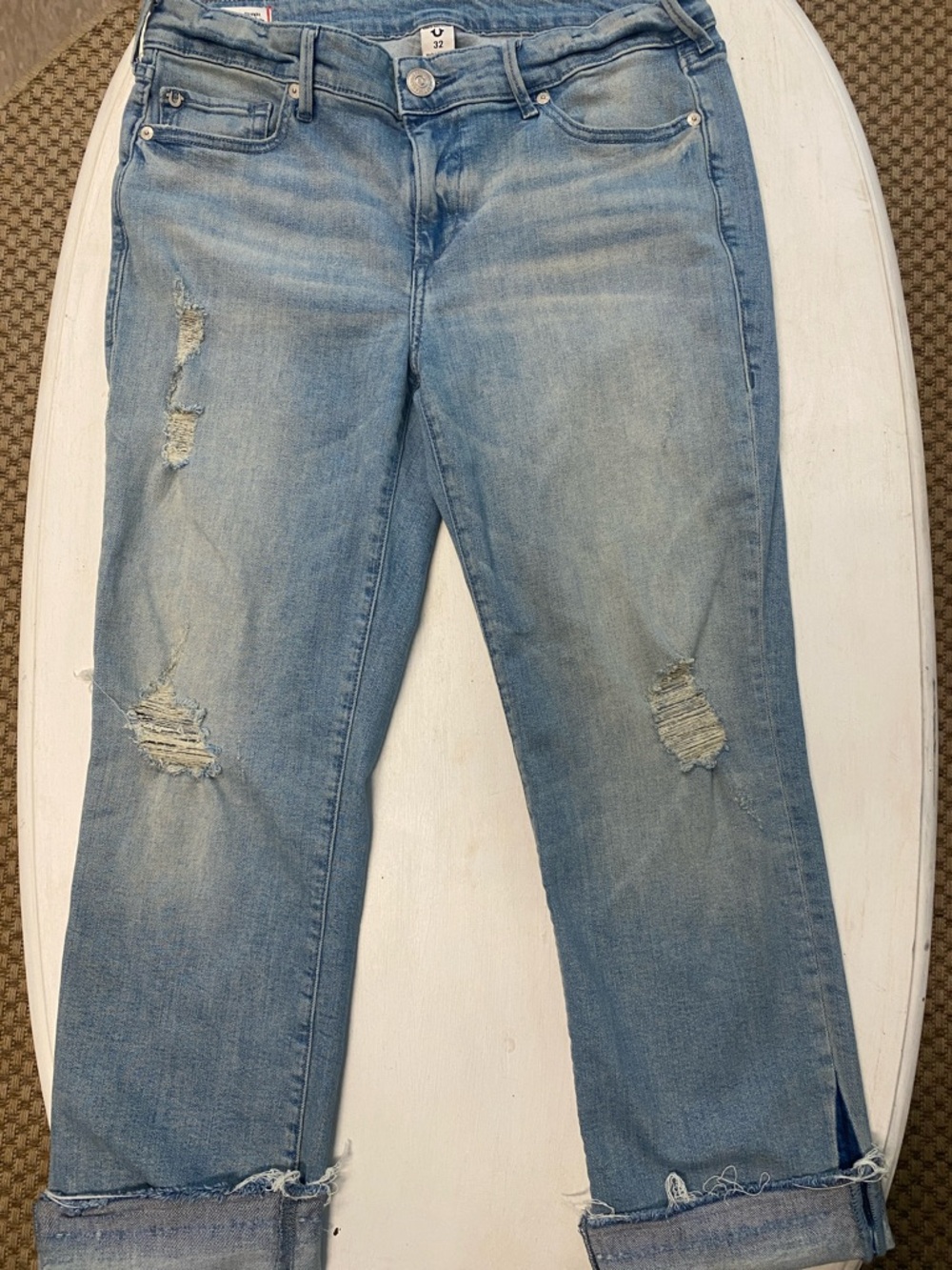 True Religion Light Blue Distressed Cropped Jeans